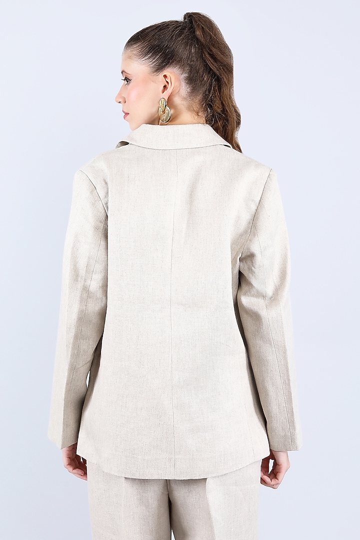 Beige Pure Linen Floral Embroidered Blazer by Linen Bloom at Pernia's Pop Up Shop
