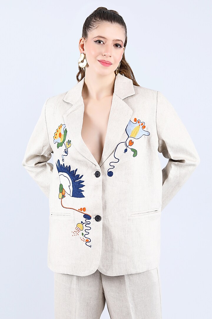 Beige Pure Linen Floral Embroidered Blazer by Linen Bloom at Pernia's Pop Up Shop