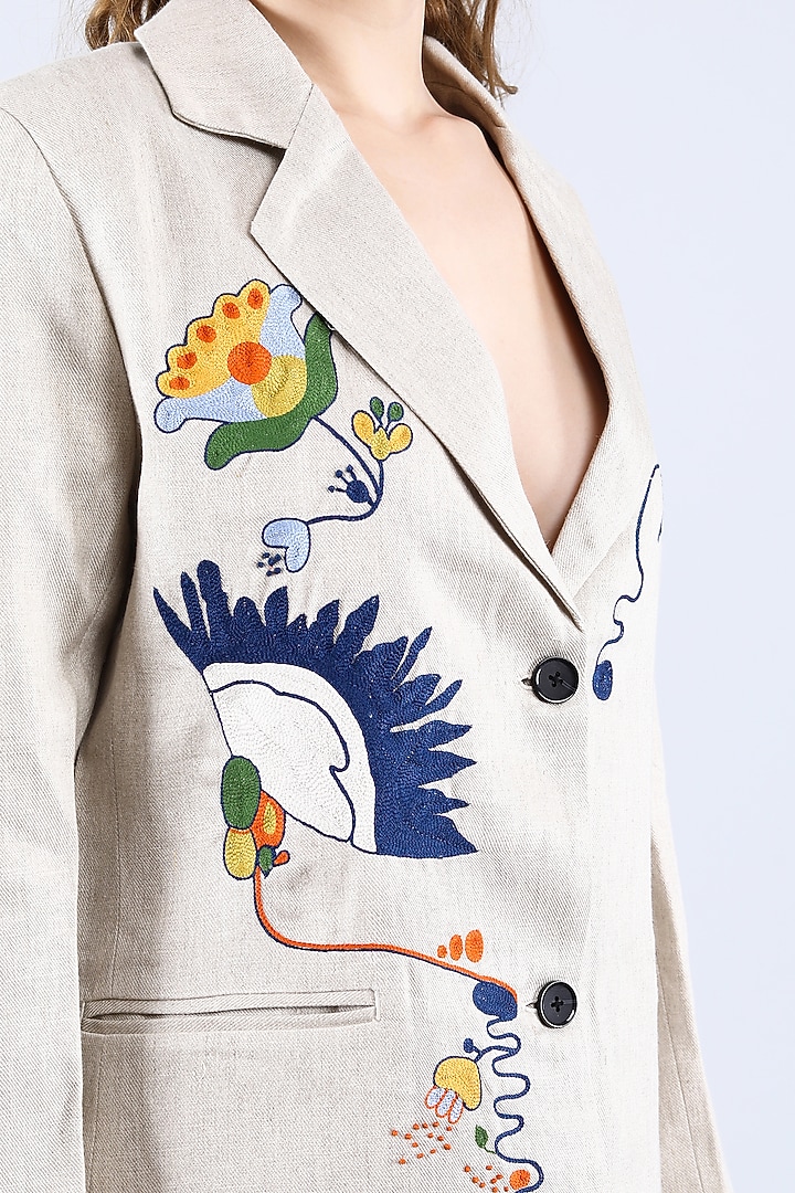 Beige Pure Linen Floral Embroidered Blazer by Linen Bloom at Pernia's Pop Up Shop