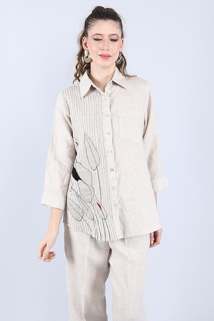 Beige Pure Linen Leaf Embroidered Shirt by Linen Bloom at Pernia's Pop Up Shop