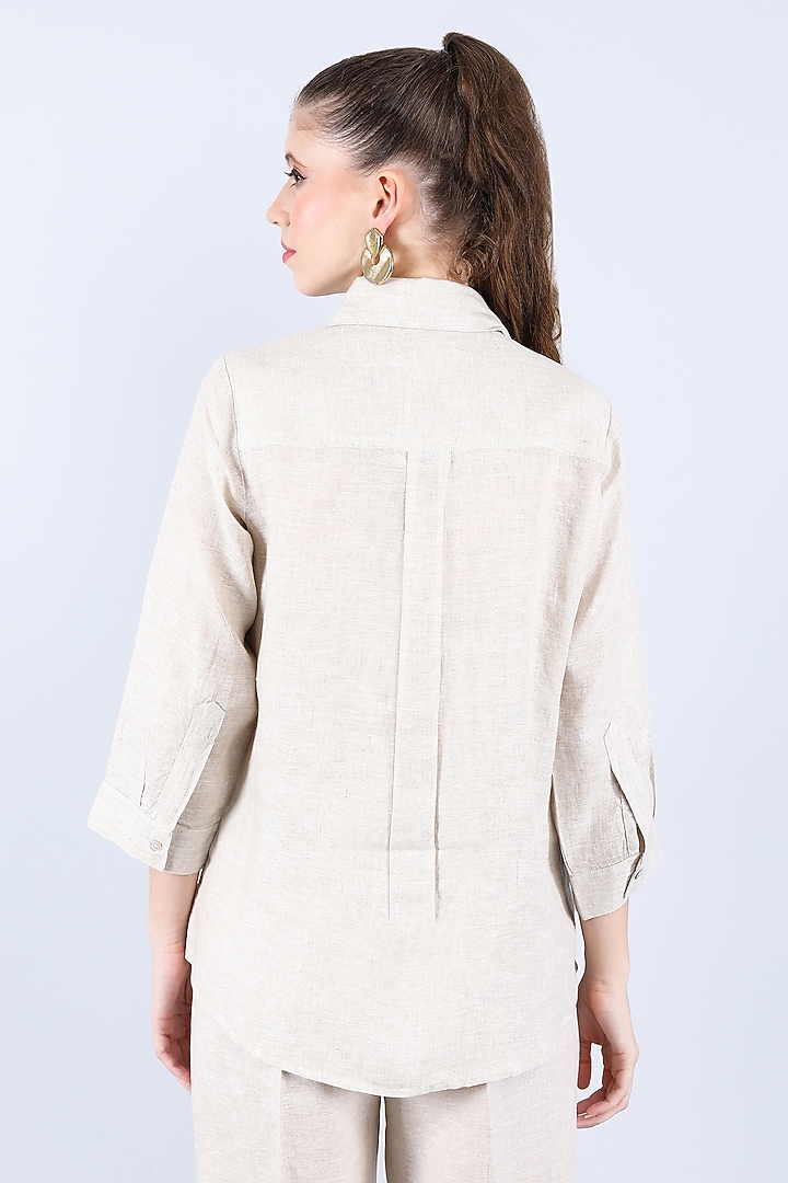 Beige Pure Linen Leaf Embroidered Shirt by Linen Bloom at Pernia's Pop Up Shop