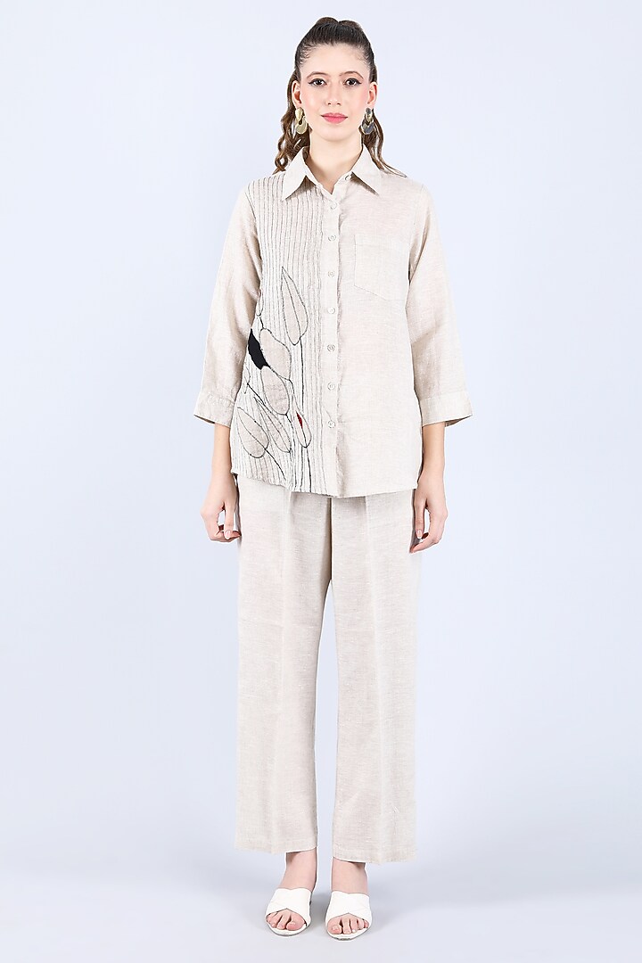 Beige Pure Linen Leaf Embroidered Shirt by Linen Bloom at Pernia's Pop Up Shop