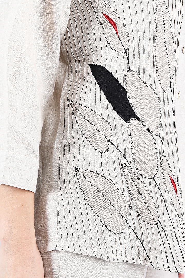 Beige Pure Linen Leaf Embroidered Shirt by Linen Bloom at Pernia's Pop Up Shop