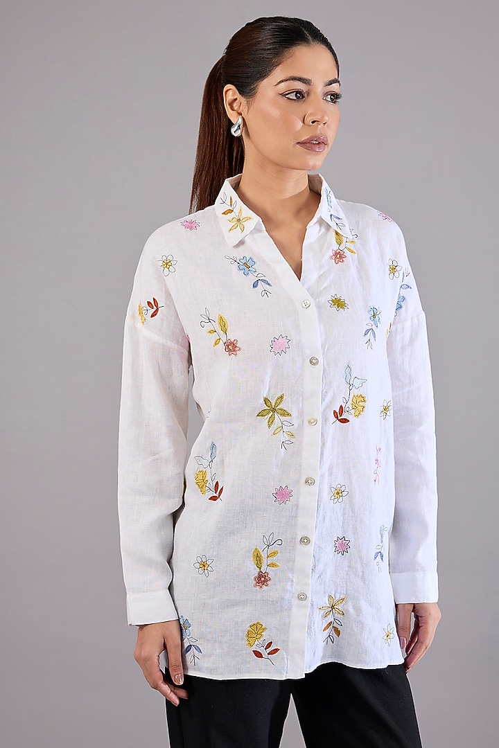 White Linen Embroidered Shirt by Linen Bloom at Pernia's Pop Up Shop