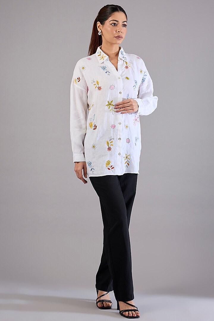 White Linen Embroidered Shirt by Linen Bloom at Pernia's Pop Up Shop