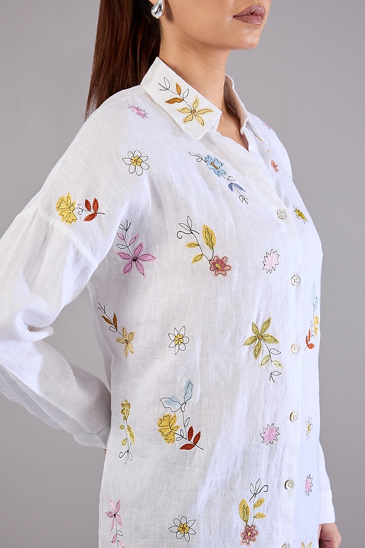 White Linen Embroidered Shirt by Linen Bloom at Pernia's Pop Up Shop