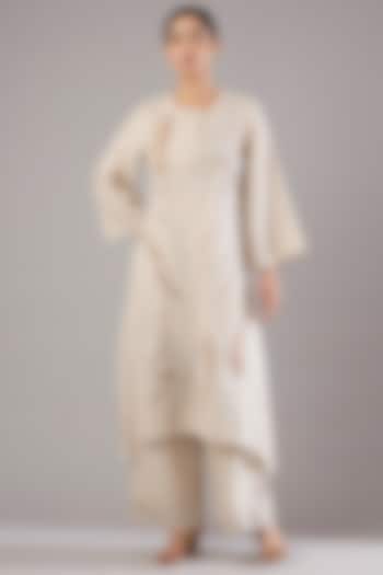Beige Linen Zari Embroidered Tunic Set by Linen Bloom at Pernia's Pop Up Shop
