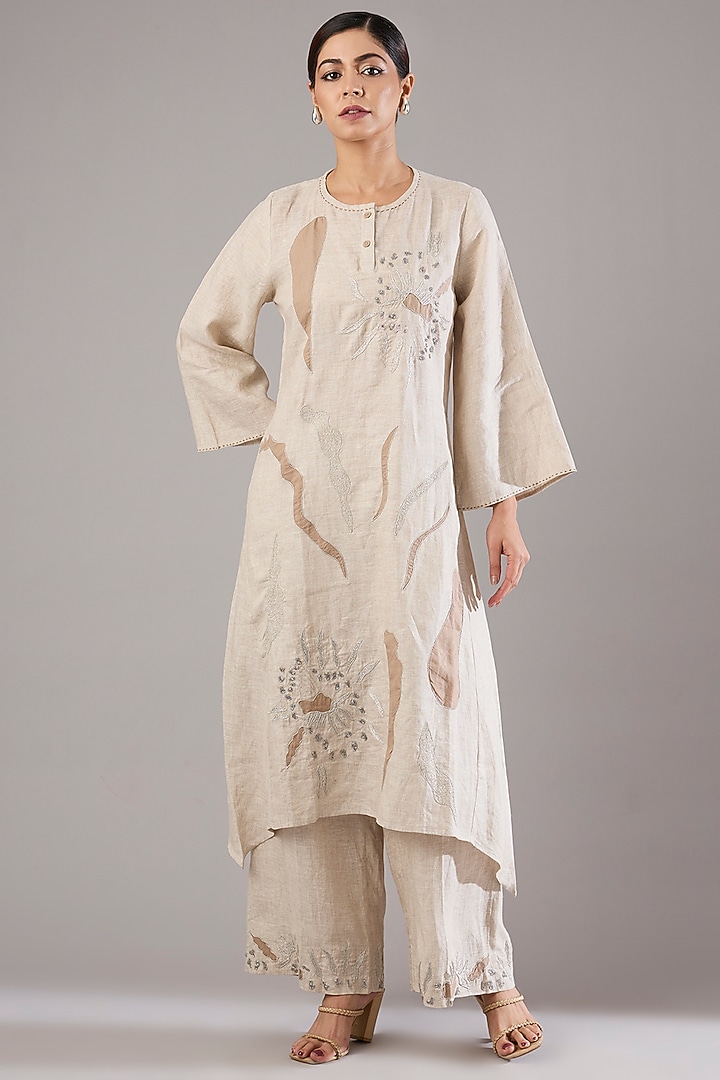 Beige Linen Zari Embroidered Tunic Set by Linen Bloom at Pernia's Pop Up Shop