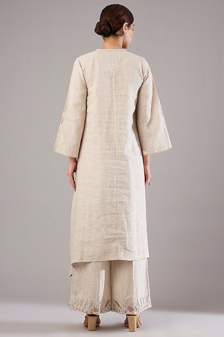 Beige Linen Zari Embroidered Tunic Set by Linen Bloom at Pernia's Pop Up Shop