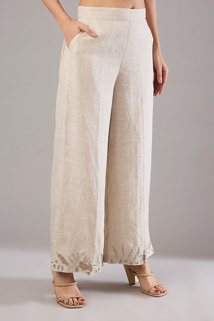 Beige Linen Zari Embroidered Tunic Set by Linen Bloom at Pernia's Pop Up Shop