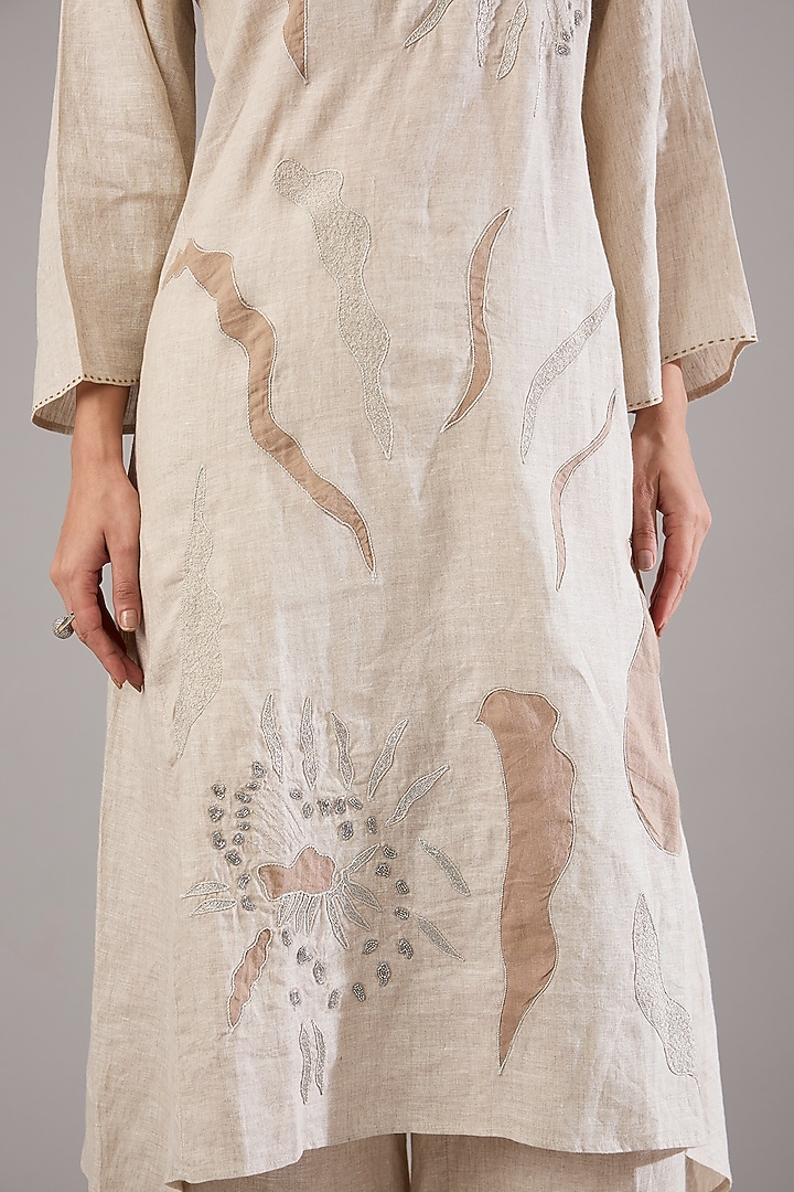 Beige Linen Zari Embroidered Tunic Set by Linen Bloom at Pernia's Pop Up Shop