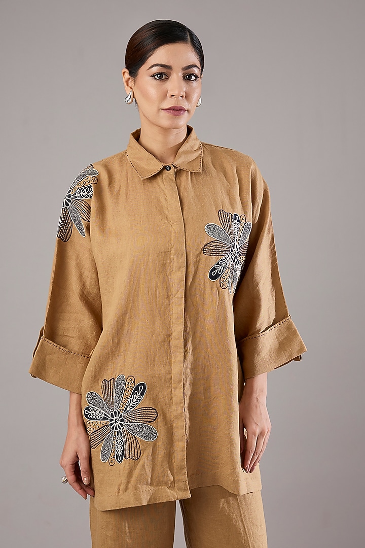 Camel-Colored Linen Embroidered Shirt by Linen Bloom at Pernia's Pop Up Shop