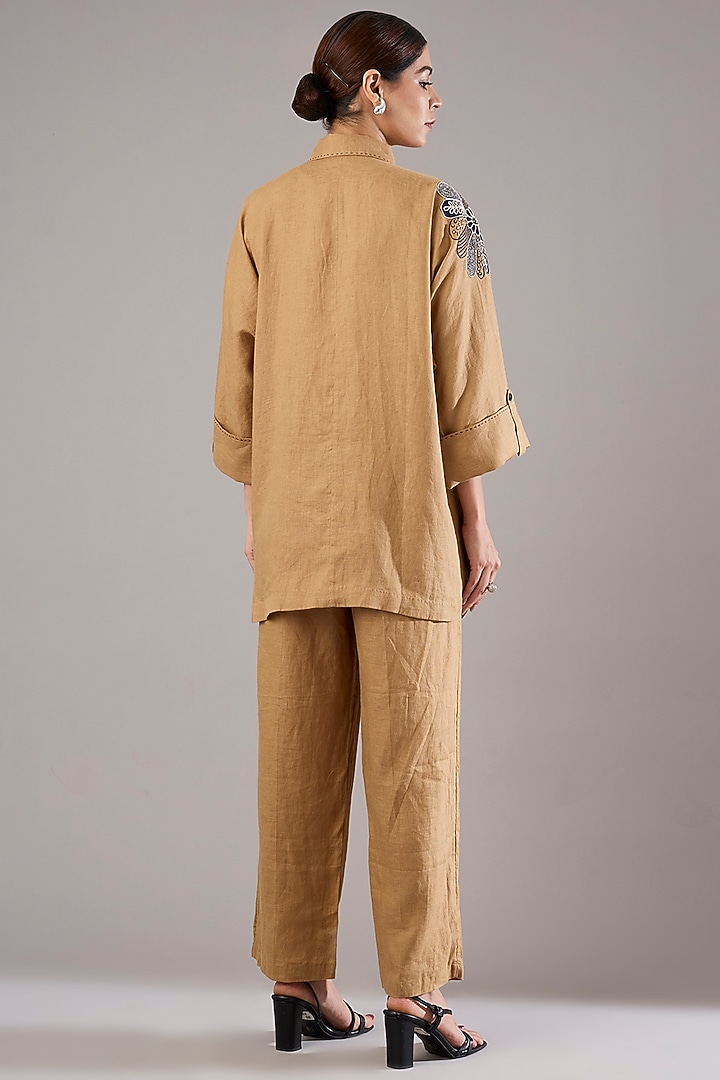 Camel-Colored Linen Embroidered Shirt by Linen Bloom at Pernia's Pop Up Shop