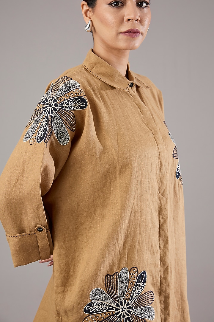 Camel-Colored Linen Embroidered Shirt by Linen Bloom at Pernia's Pop Up Shop