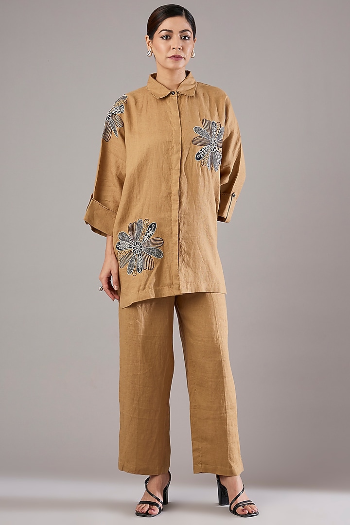 Camel-Colored Linen Embroidered Shirt by Linen Bloom at Pernia's Pop Up Shop