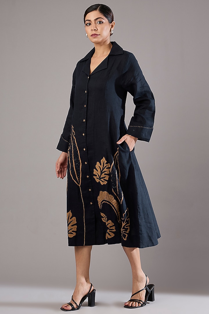 Navy Linen Embroidered Midi Vacation Dress by Linen Bloom at Pernia's Pop Up Shop