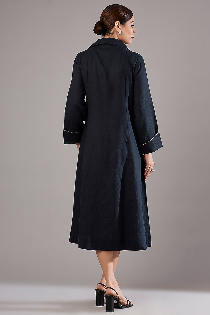Navy Linen Embroidered Midi Vacation Dress by Linen Bloom at Pernia's Pop Up Shop