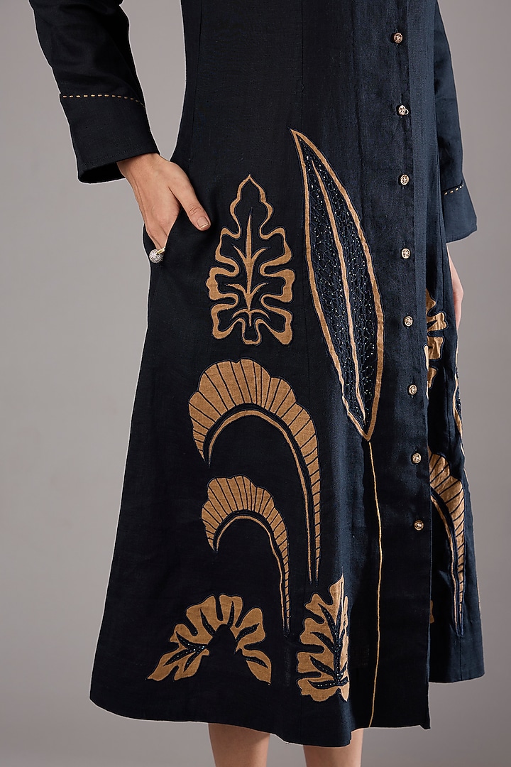 Navy Linen Embroidered Midi Vacation Dress by Linen Bloom at Pernia's Pop Up Shop