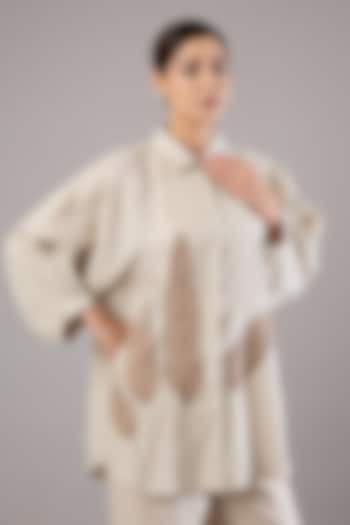 Khaki Beige Linen Leaf Embroidered Shirt by Linen Bloom at Pernia's Pop Up Shop