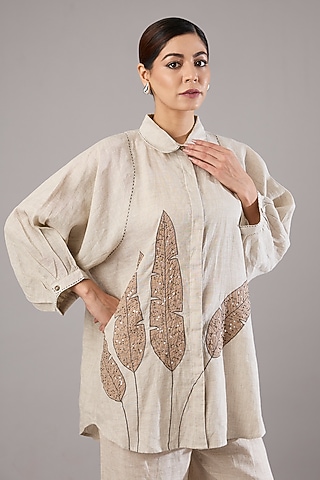 Khaki Beige Linen Leaf Embroidered Shirt by Linen Bloom