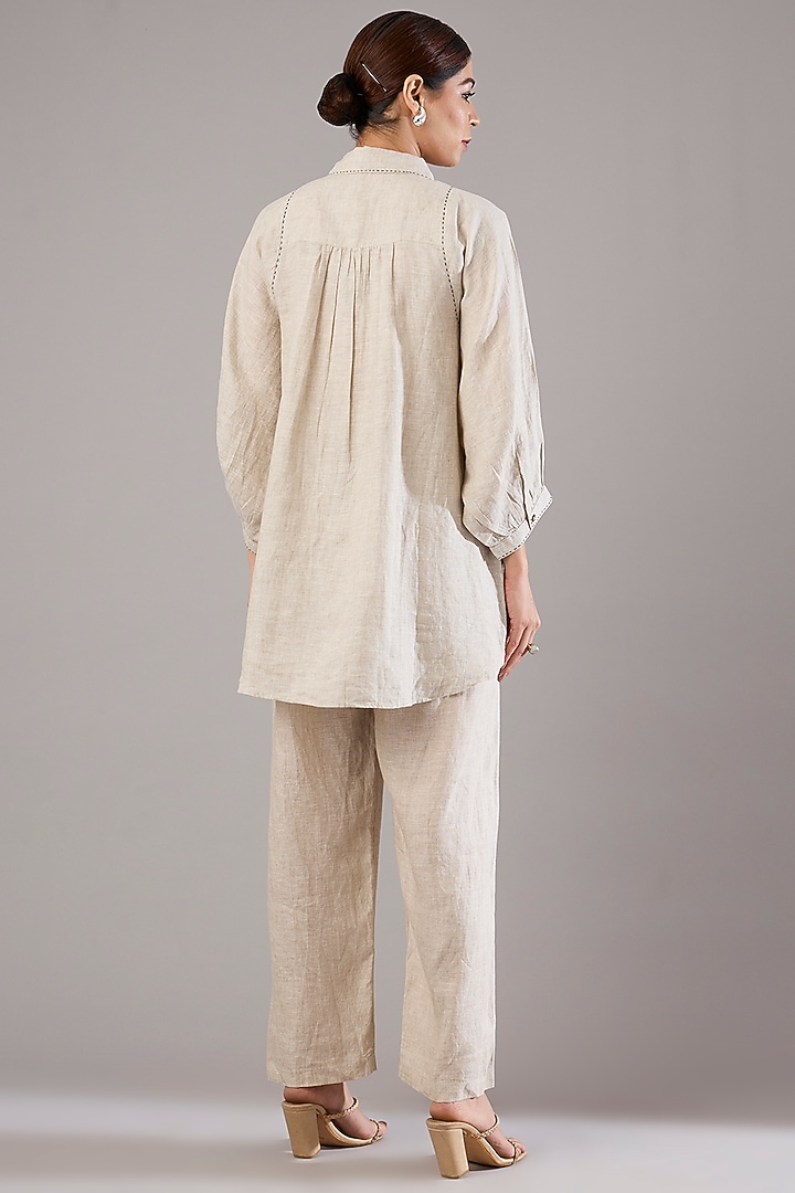 Khaki Beige Linen Leaf Embroidered Shirt by Linen Bloom at Pernia's Pop Up Shop