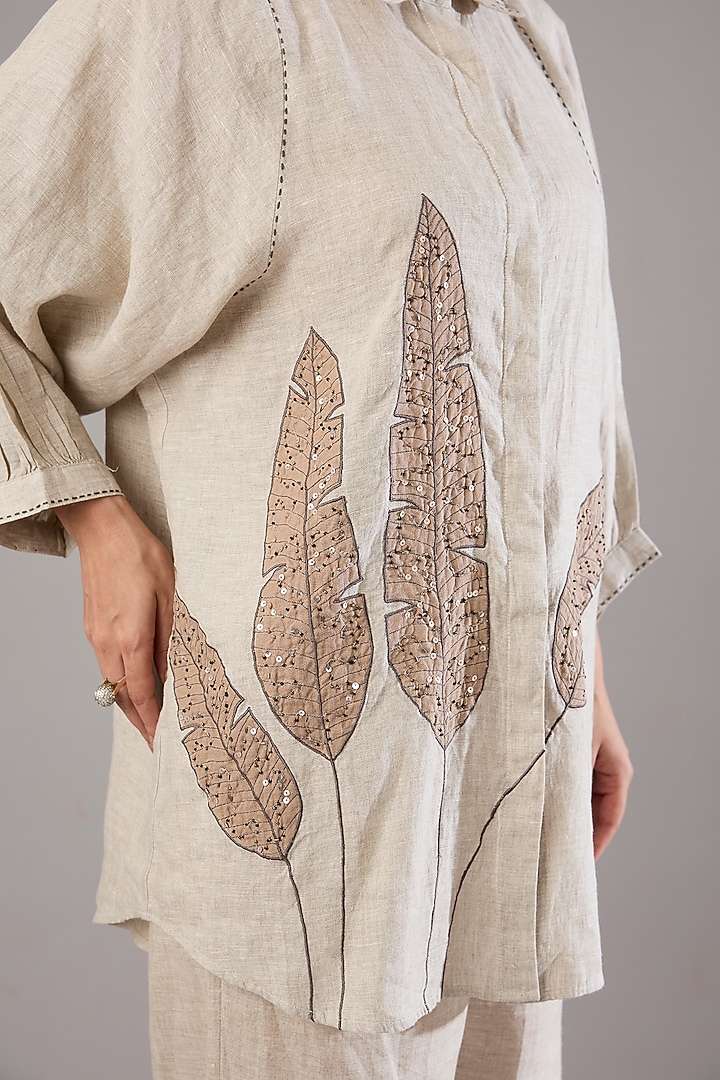 Khaki Beige Linen Leaf Embroidered Shirt by Linen Bloom at Pernia's Pop Up Shop