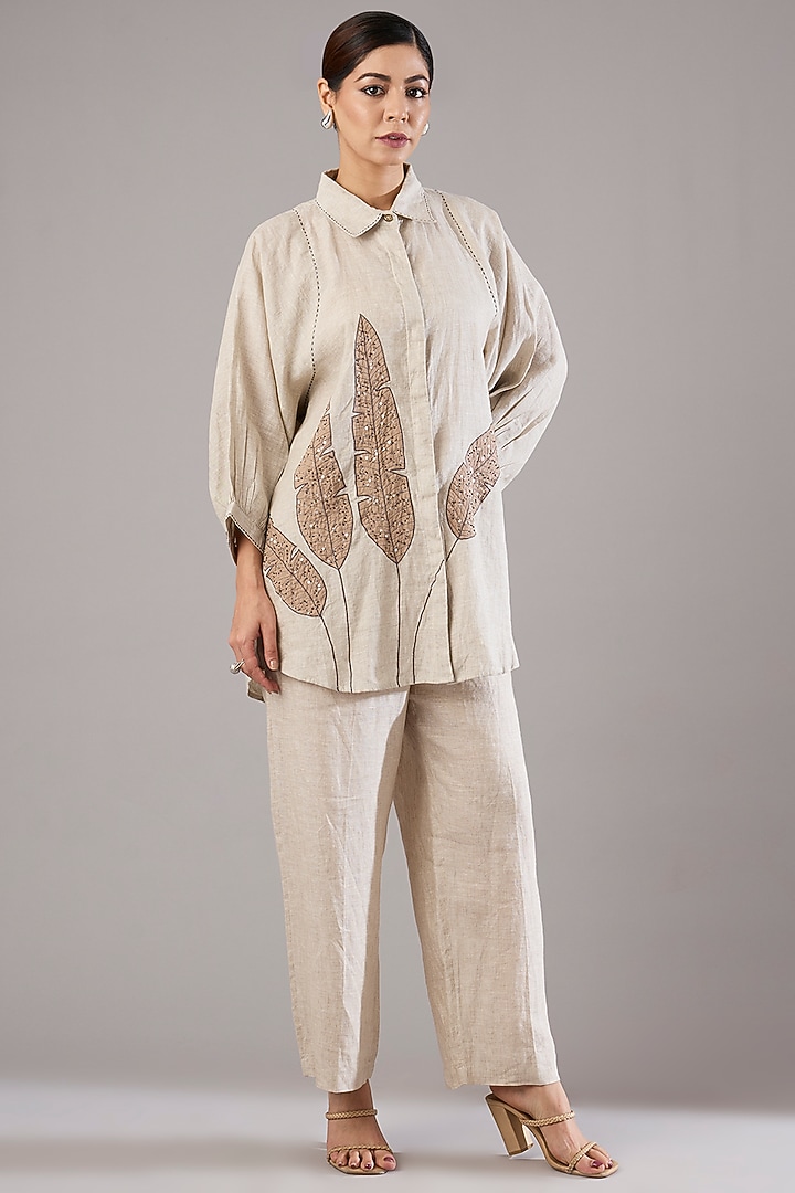 Khaki Beige Linen Leaf Embroidered Shirt by Linen Bloom at Pernia's Pop Up Shop
