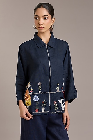 Navy Pure Linen Doodle Shacket by Linen Bloom
