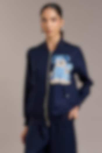 Navy Pure Linen Twill Bomber Jacket by Linen Bloom at Pernia's Pop Up Shop