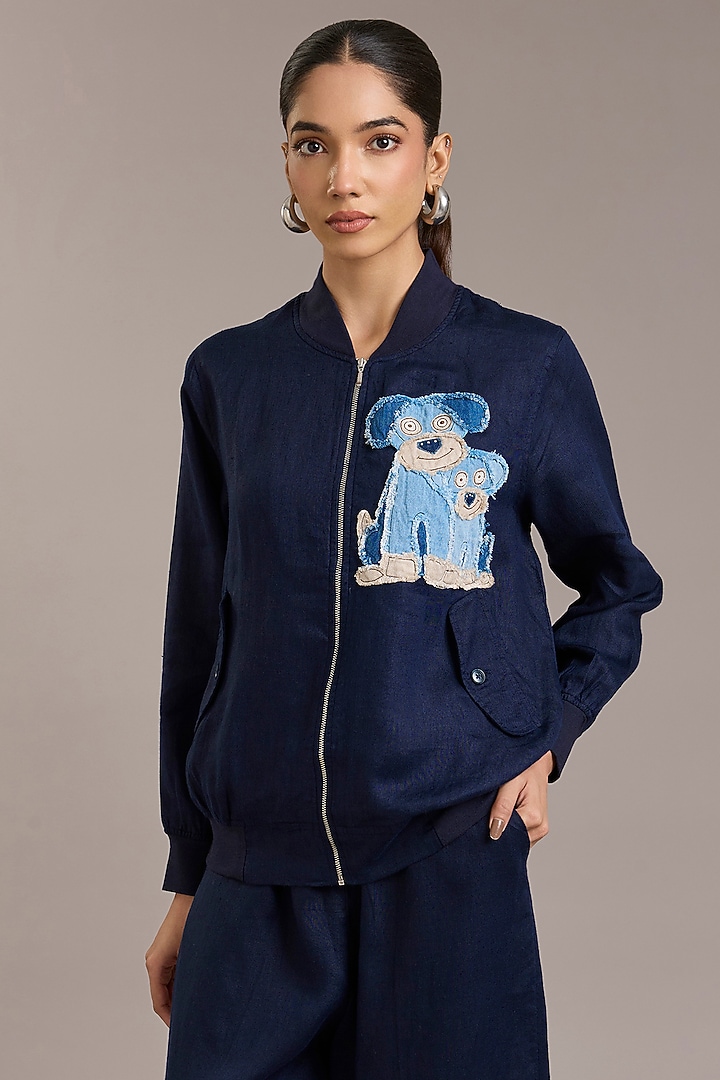 Navy Pure Linen Twill Bomber Jacket by Linen Bloom at Pernia's Pop Up Shop