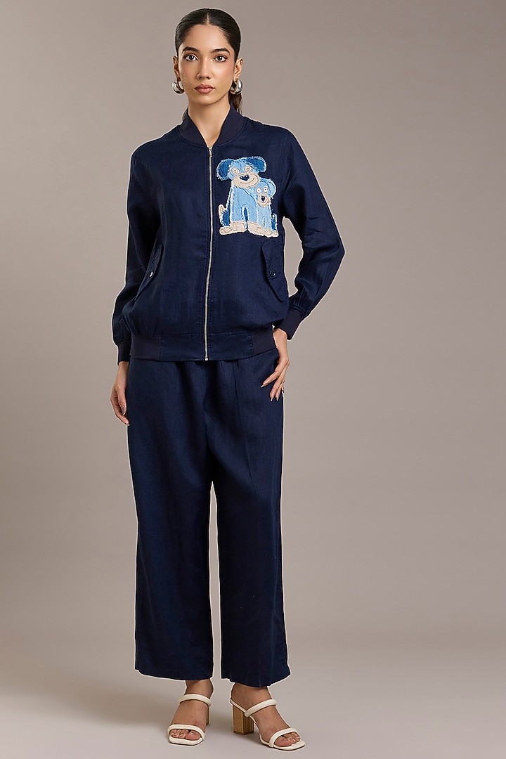 Navy Pure Linen Twill Bomber Jacket by Linen Bloom at Pernia's Pop Up Shop