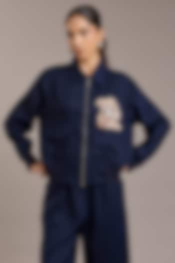 Navy Pure Linen Twill Bomber Jacket by Linen Bloom at Pernia's Pop Up Shop