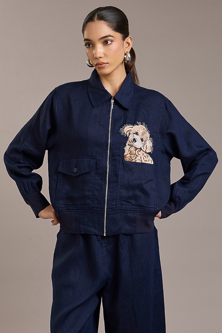 Navy Pure Linen Twill Bomber Jacket by Linen Bloom at Pernia's Pop Up Shop