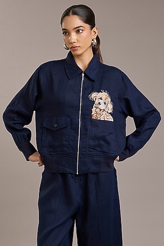 Navy Pure Linen Twill Bomber Jacket by Linen Bloom