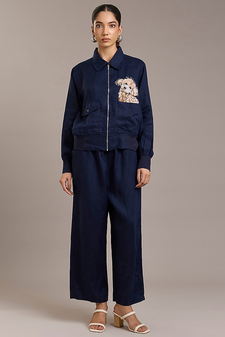 Navy Pure Linen Twill Bomber Jacket by Linen Bloom at Pernia's Pop Up Shop