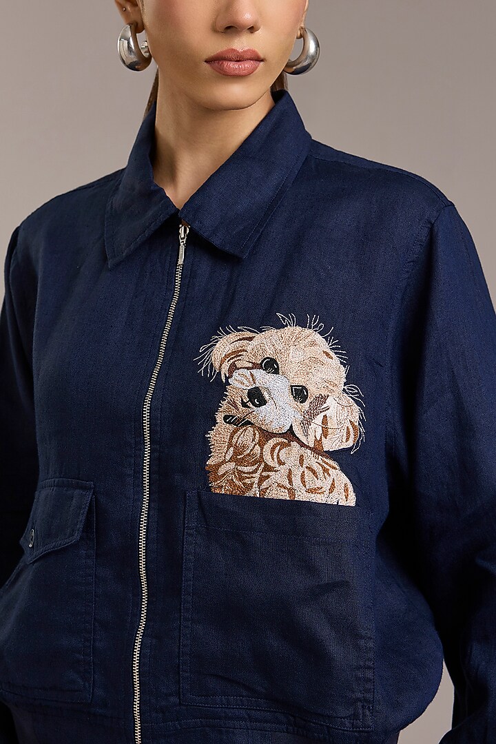 Navy Pure Linen Twill Bomber Jacket by Linen Bloom at Pernia's Pop Up Shop