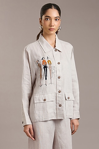 Oatmeal Pure Linen Twill Shacket by Linen Bloom
