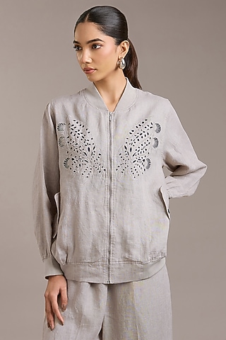 Natural Pure Linen Twill Bomber Jacket by Linen Bloom