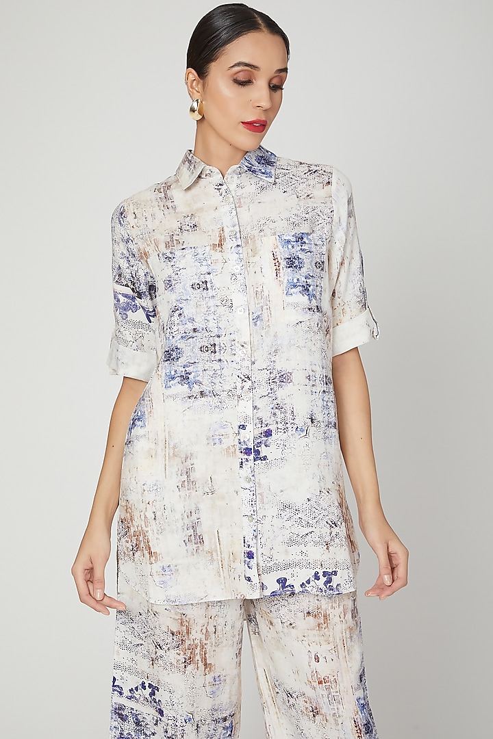 Sky Blue Printed Shirt by Linen Bloom
