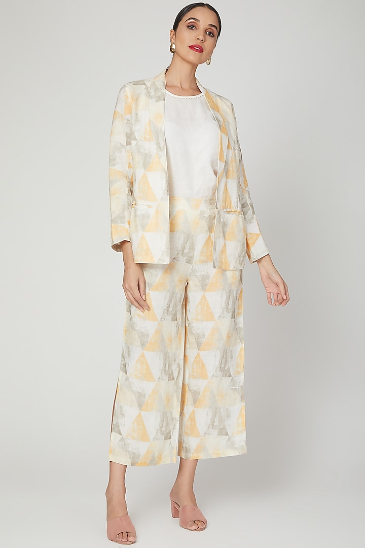 Yellow Printed Pants With Slits by Linen Bloom
