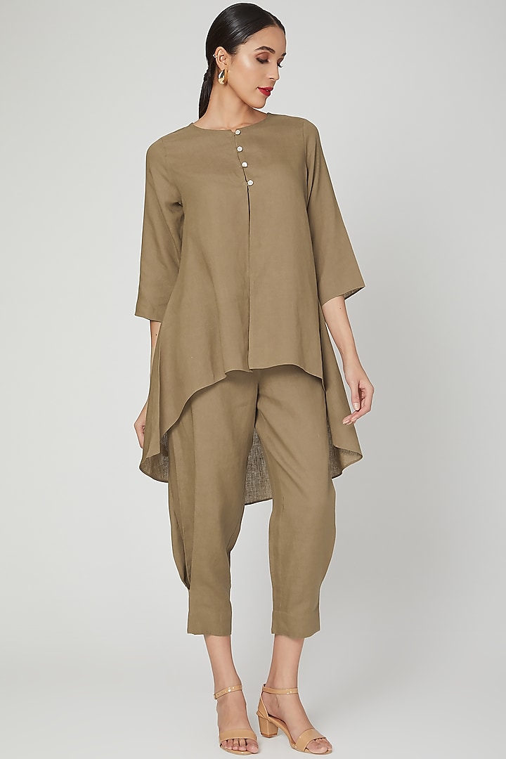 Khaki Brown Cape With Buttons by Linen Bloom