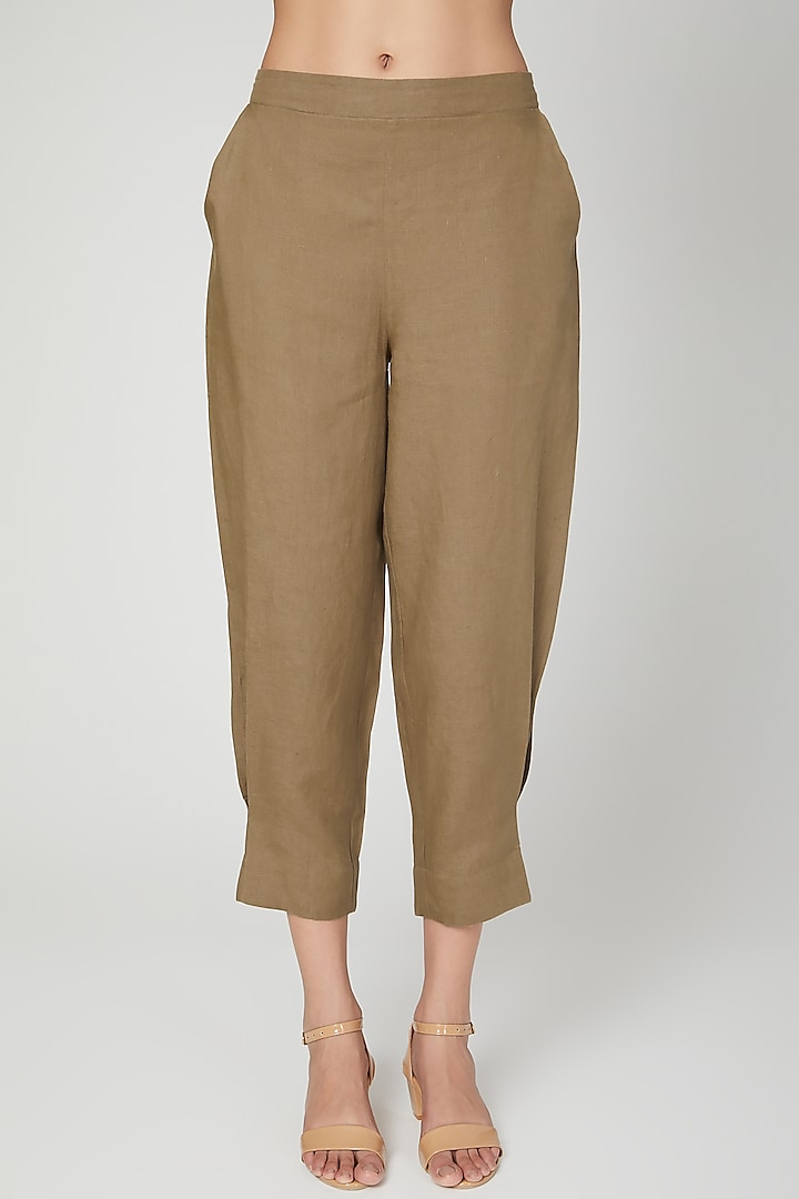 Khaki Brown Elasticated Linen Pants by Linen Bloom