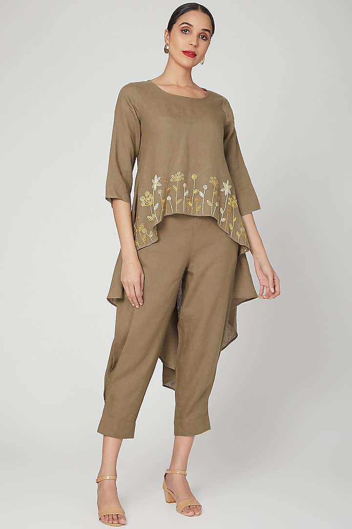 Khaki Brown Floral Embroidered Tunic by Linen Bloom