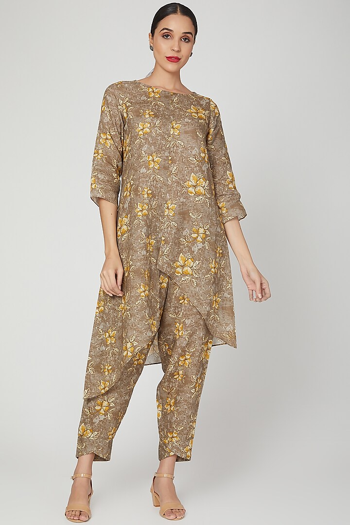 Khaki Brown Floral Printed Tunic by Linen Bloom