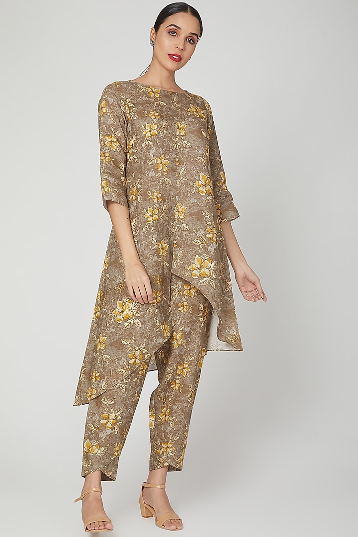 Brown Printed Pencil Pants by Linen Bloom at Pernia's Pop Up Shop