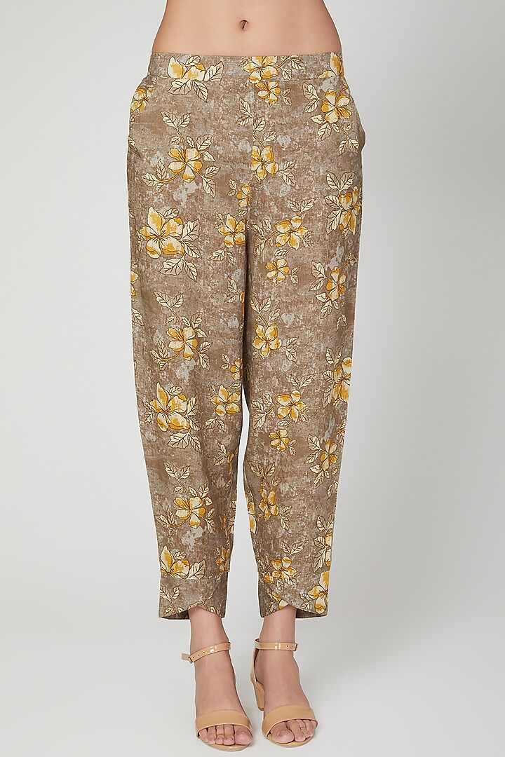 Brown Printed Pencil Pants by Linen Bloom