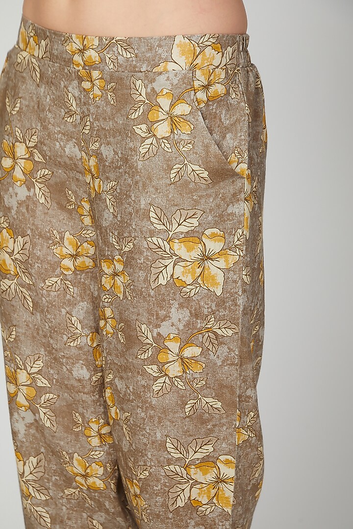 Brown Printed Pencil Pants by Linen Bloom at Pernia's Pop Up Shop