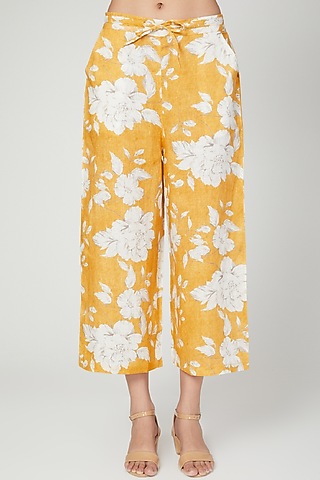 Mustard Floral Digital Printed Pants by Linen Bloom