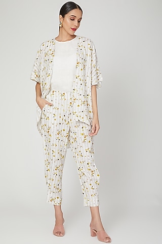Beige Floral Digital Printed Cape by Linen Bloom