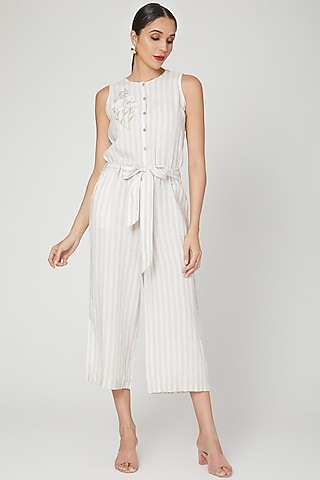 Beige Floral Embroidered Jumpsuit by Linen Bloom
